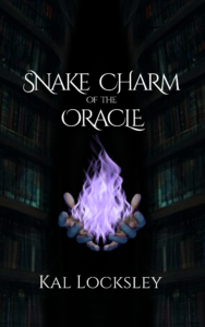 Book cover of Snake Charm of the Oracle by Kal Locksley. A young apprentice mage and a fierce warrior woman stand before a serpent-shaped ruin under a stormy sky. Magical runes glow beneath their feet. A ghostly Oracle statue looms behind them, and undead figures rise in the shadows. A sword and staff cross at the center, hinting at magic, danger, and destiny in this dark fantasy adventure.
